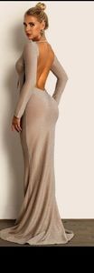 Plunge Neck Backless Glitter Bodycon Maxi Dress
